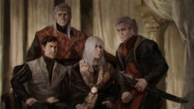 Le roi Aegon V Targaryen et ses trois fils (de gauche à droite), Duncan, Jaehaerys et Daeron (crédits : Karla Ortiz, TWOIAF)