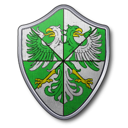 Gironné de huit, vert et blanc, chargé d'un aigle à deux têtes contre-chargé, armé et becqué d'or