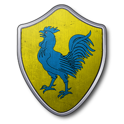 Un coq de combat bleu sur champ jaune