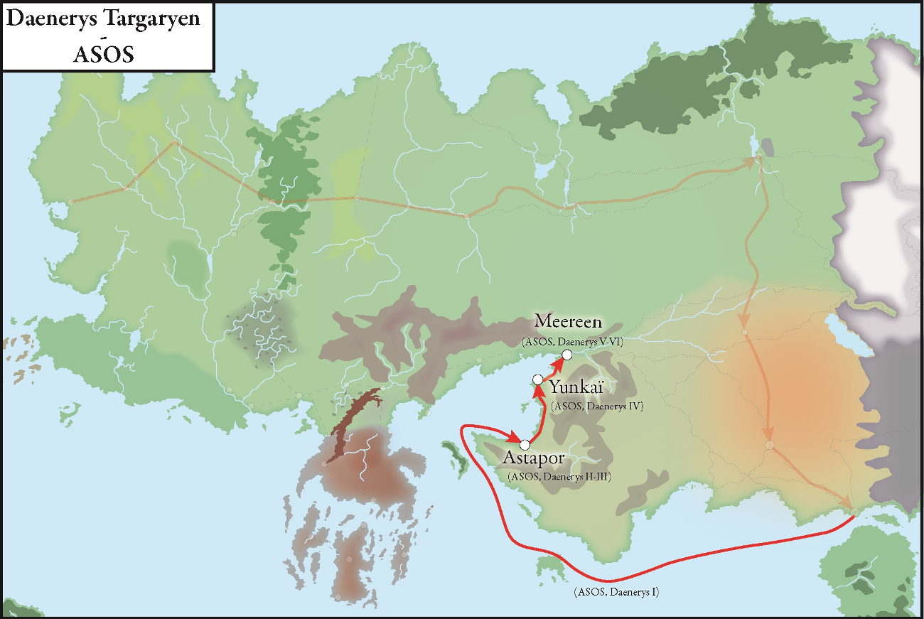 Carte du déplacement de Daenerys Targaryen au cours du troisième tome de la saga, ASOS - avec légende