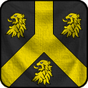 Une pairle inversée entre trois têtes de lion, jaunes sur noir